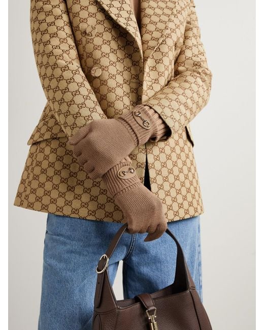 Gucci Brown Horsebit-Detailed Leather-Trimmed Wool Gloves