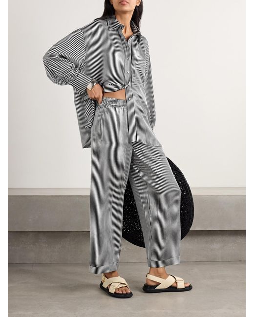 Suzie Kondi Gray Finance Striped Silk-Satin Wide-Leg Pants