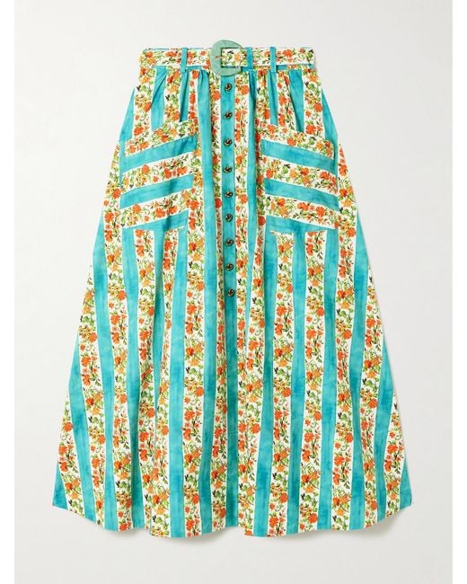 Saloni Blue Kirat Belted Striped Floral-Print Cotton-Poplin Midi Skirt