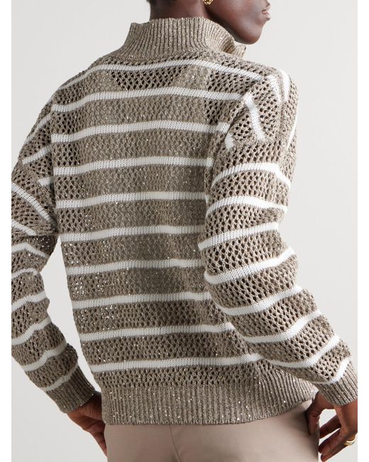 Brunello Cucinelli Gray Sequined Striped Open-Knit Linen-Blend Cardigan