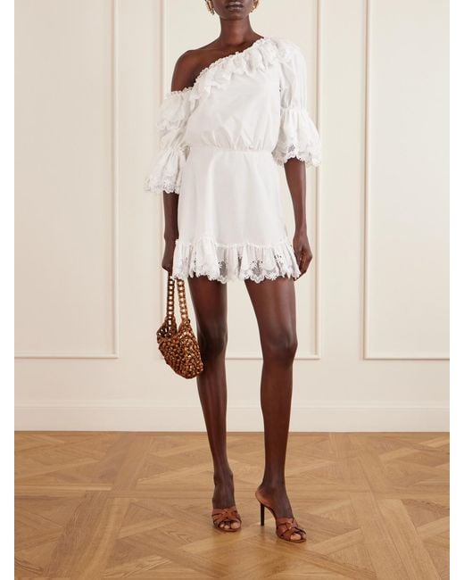 Saint Laurent Natural One-Shoulder Guipure-Lace Trimmed Cotton-Poplin Mini Dress