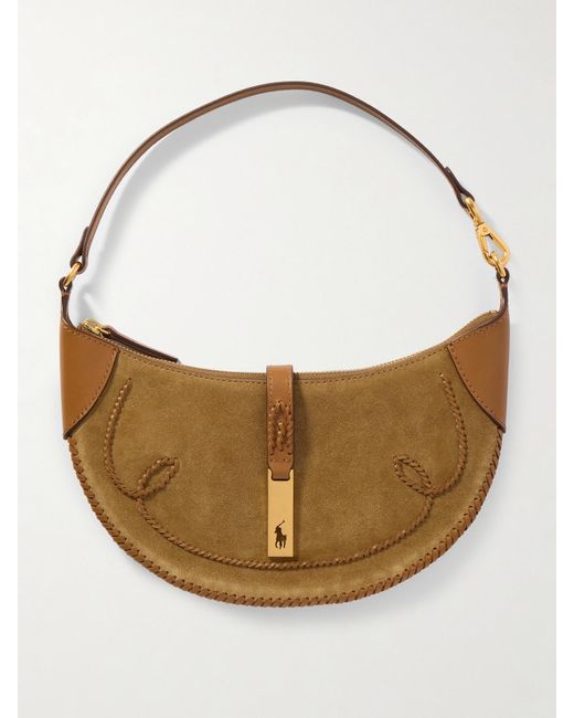 Polo Ralph Lauren White Polo Id Mini Whipstitched Leather-Trimmed Suede Shoulder Bag