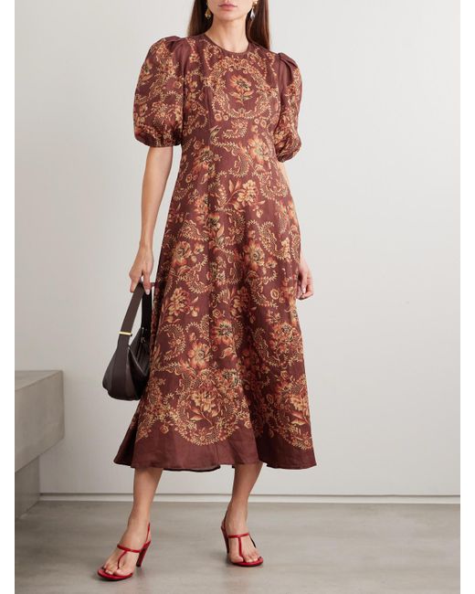ALMAIS Seraphina Printed Linen Midi Dress in Red | Lyst