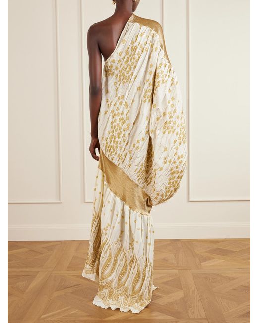 Dima Ayad Natural One-Shoulder Draped Metallic Fil Coupé Gown