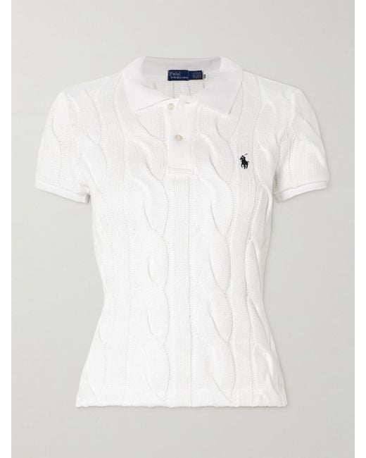 Polo Ralph Lauren White Embroidered Cable-Knit Cotton Polo Shirt