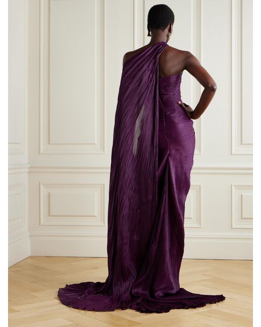 Marmar Halim Purple Cape-Effect Plissé Silk-Satin Gown