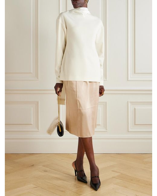 Carven Natural Fringed Scarf-Detailed Silk-Trimmed Wool-Blend Blouse