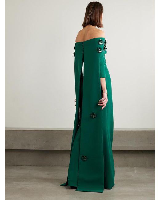 Safiyaa Green Bellara Off-the-shoulder Cape-effect Embellished Stretch-crepe Gown