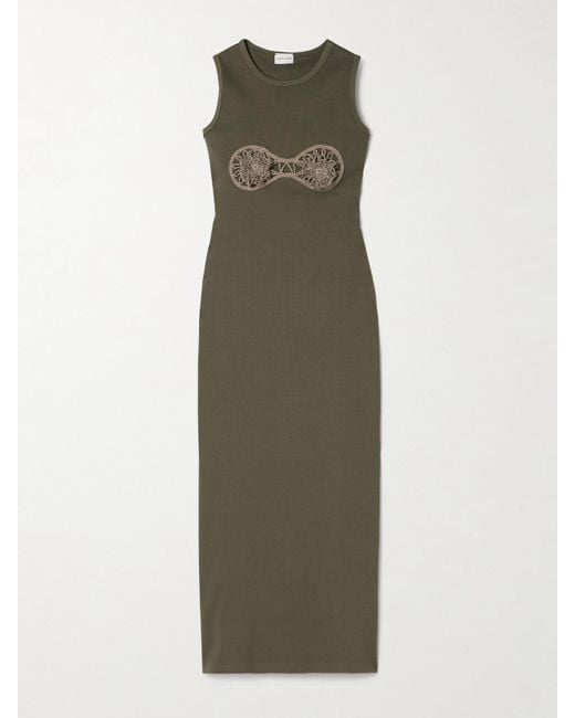 Magda Butrym Green Crochet-Trimmed Ribbed Cotton-Blend Jersey Midi Dress