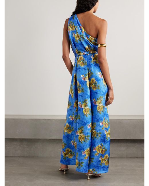 LaDoubleJ Blue Roy Asymmetrisches Maxikleid Aus Seiden-Twill Mit Blumenprint Und Gürtel