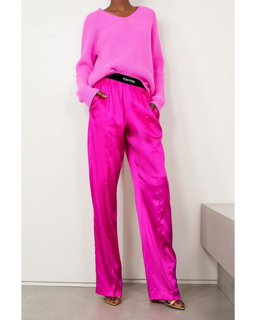 Tom Ford Pink Velvet-Trimmed Stretch-Silk Satin Pants