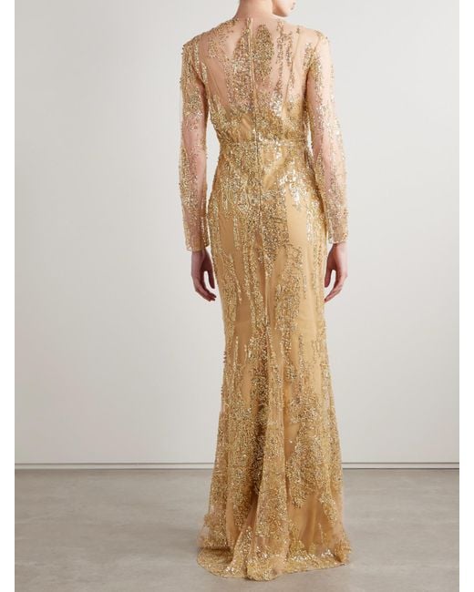 Zuhair Murad Natural Wrap-Effect Embellished Tulle Gown