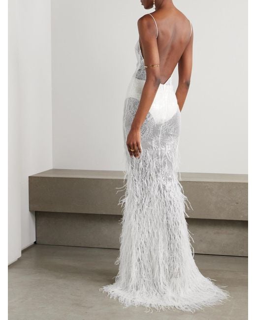retroféte White Odessa Feather-Trimmed Sequined Lace Gown