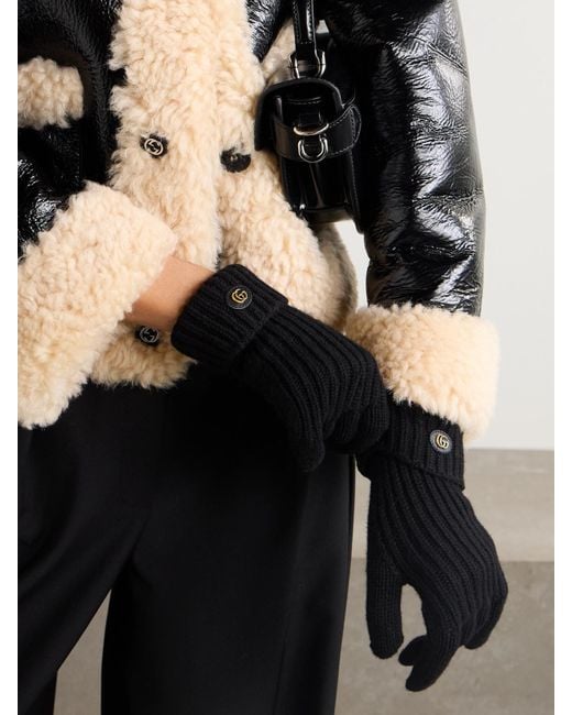 Gucci Black Handschuhe Aus Einer Woll-Kaschmirmischung Mit Lederbesatz Und Verzierung
