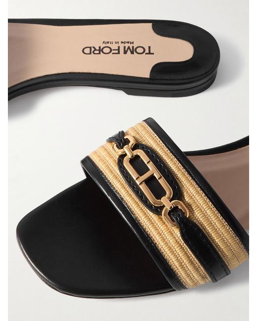Tom Ford White Logo-Embellished Raffia-Trimmed Leather Slides