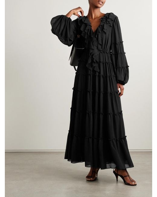 Robe Longue En Crêpe De Chine À Volants Protea Aje. en coloris Black