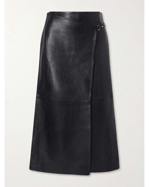 St. Agni Black Leather Midi Wrap Skirt