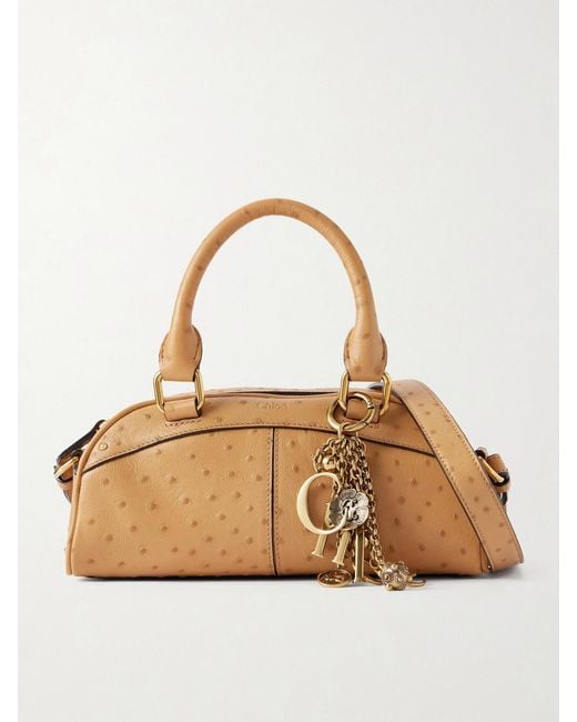 Chloé Natural Bowling Embellished Ostrich-Effect Leather Shoulder Bag