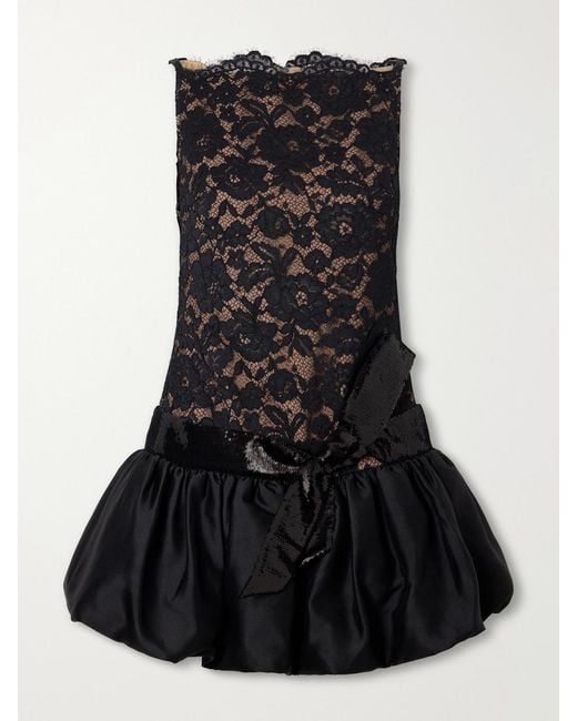 Self-Portrait Black Sequined-Trimmed Satin And Lace Mini Dress