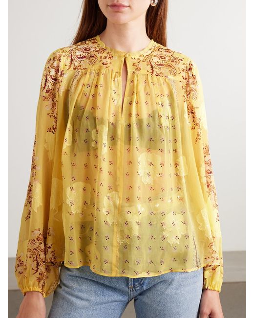 Ulla Johnson Yellow Aster Picot-Trimmed Printed Silk-Blend Crepon Blouse