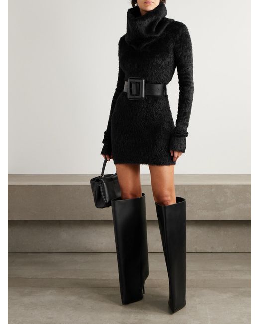 Balenciaga Black Belted Brushed-Knit Turtleneck Mini Dress