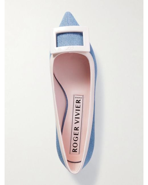 Roger Vivier Blue Gommettine Buckled Denim And Patent-Leather Ballet Flats