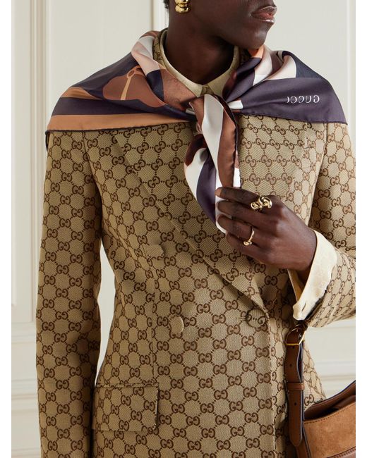 Gucci Brown Equestrian Printed Silk-Twill Scarf