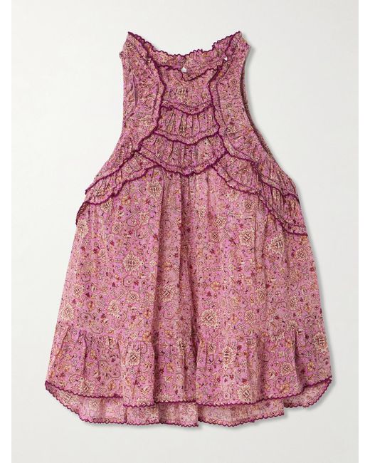 Isabel Marant Purple Carlee Ruffled Embroidered Floral-Print Cotton-Voile Top