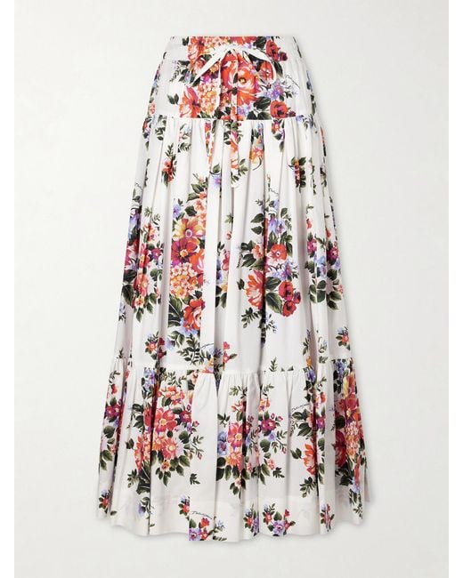 Dolce & Gabbana White Pleated Tiered Floral-Print Cotton-Poplin Midi Skirt