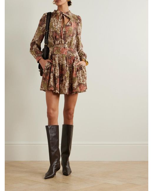 Ulla Johnson Natural Maris Pleated Paisley-Print Silk Crepe De Chine Mini Dress
