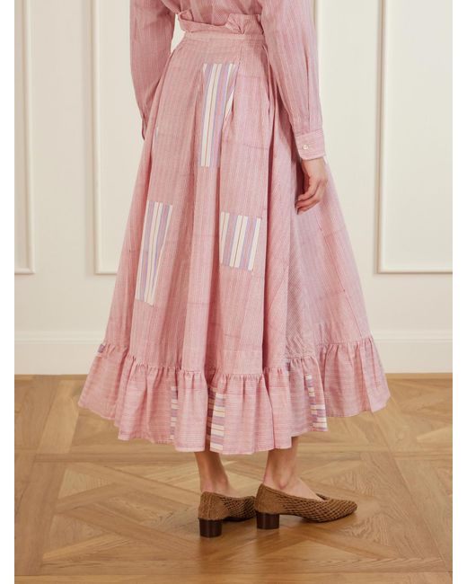 Thierry Colson Pink Tasha Ruffled Striped Cotton-Voile Wrap Midi Skirt