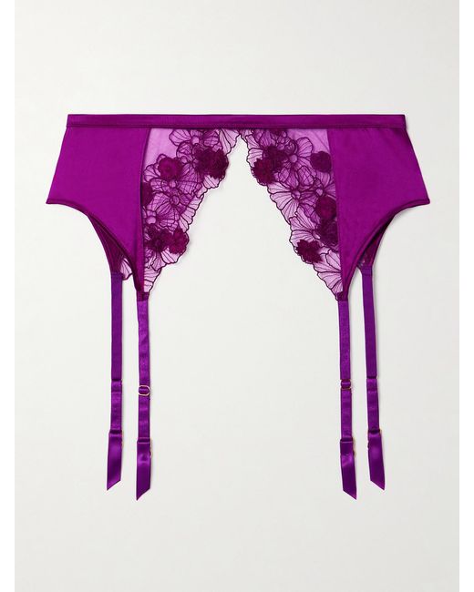 Kiki de Montparnasse Purple Silk-Blend Satin And Appliquéd Embroidered Tulle Suspender Belt