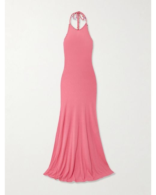 Christopher Esber Pink Embellished Cotton-Blend Bouclé Halterneck Maxi Dress