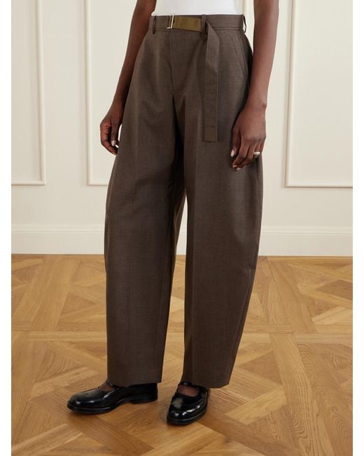 Sacai Brown Pleated Belted Twill Wide-Leg Pants