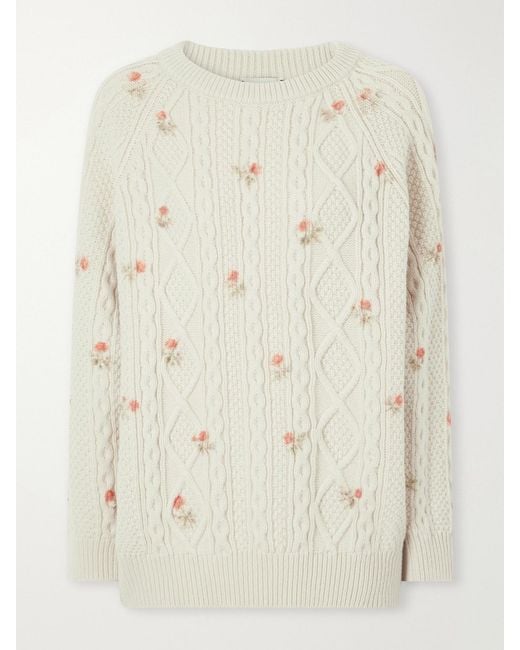 Magda Butrym Natural Floral-Print Cable-Knit Wool And Cashmere-Blend Sweater