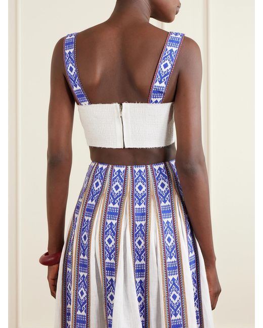Emporio Sirenuse White Dalia Pleated Printed Linen Cropped Top
