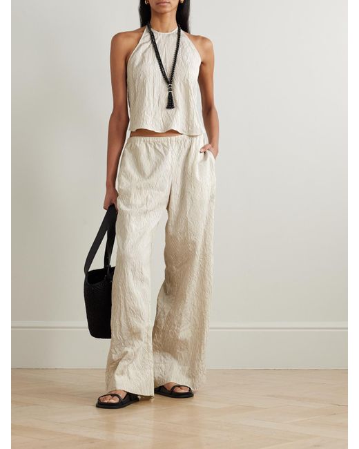 St. Agni Crinkled Pinstriped Woven Halterneck Tank in White | Lyst