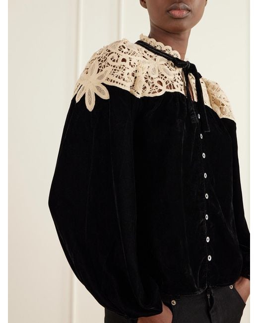 Sea Black Shiloh Bow-Detailed Embroidered Velvet Blouse