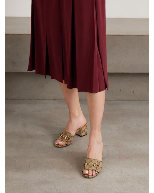 Gucci Natural Horsebit-Embellished Canvas-Jacquard Mules