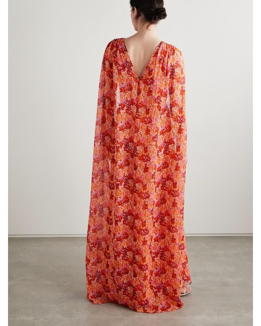 Saloni Red Claudia Cape-Effect Floral-Print Silk-Georgette Gown