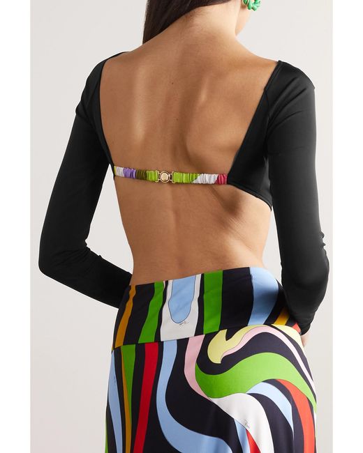 Emilio Pucci Black Open-Back Cropped Silk-Trimmed Stretch-Crepe Top