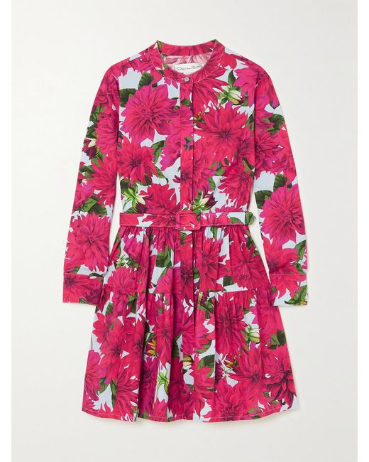 Oscar de la Renta Pink Belted Tiered Floral-Print Cotton-Poplin Mini Dress