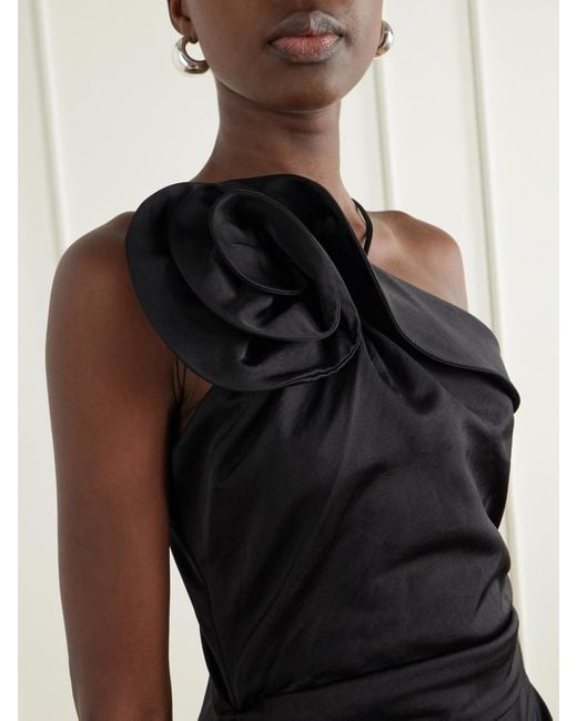 Magda Butrym Black One-Shoulder Appliquéd Gathered Cotton And Silk-Blend Knee-Length Dress