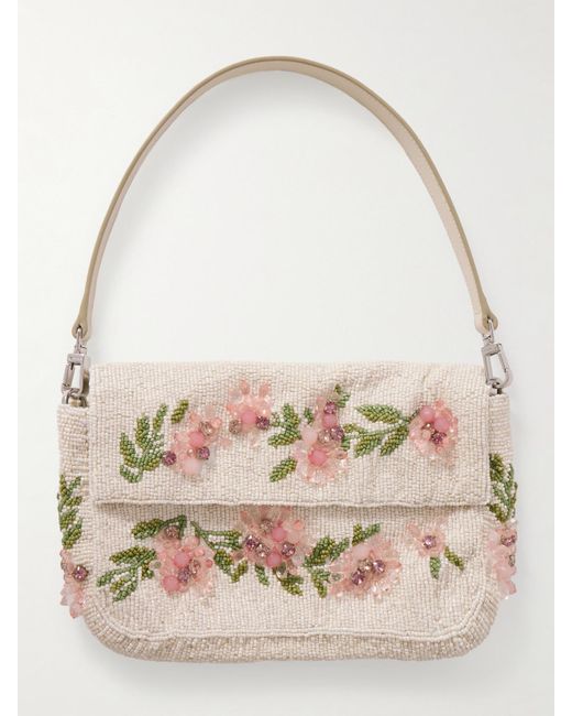 Staud Natural Timmy Leather-Trimmed Beaded Satin Shoulder Bag
