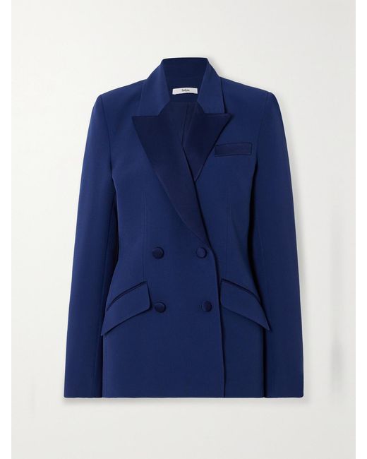 Safiyaa Blue Wynnie Double-Breasted Satin-Trimmed Stretch-Crepe Blazer
