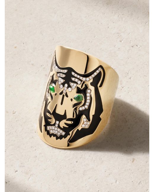 Diane Kordas Natural Tiger 18-Karat, Diamond, Tsavorite And Enamel Ring