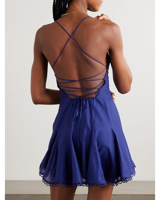 Charo Ruiz Blue Marlene Pleated Guipure Lace-Trimmed Cotton-Blend Voile Mini Dress