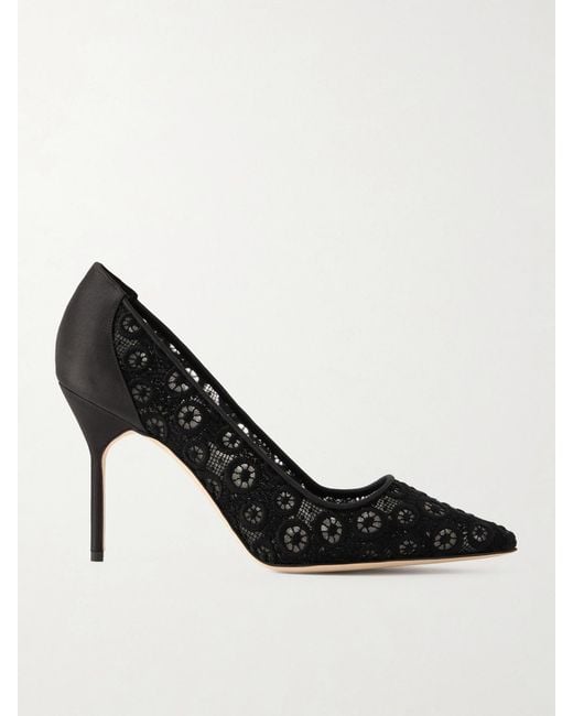 Manolo Blahnik Black Bb 90 Satin-Trimmed Lace Pumps