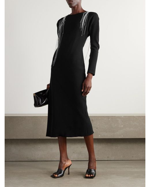 Dries Van Noten Black Embellished Crepe Midi Dress