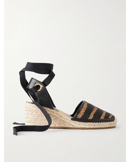 Ferragamo Black Zanta Zebra 70 Leather-Trimmed Woven Raffia Espadrillas Wedge